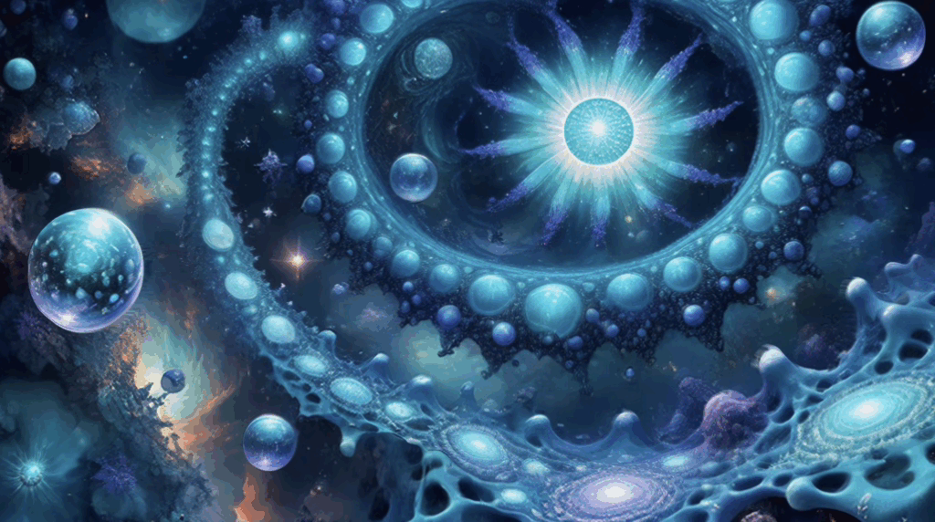 Glowing blue spheres and fractal currents creating mesmerizing visuals for acid trip.